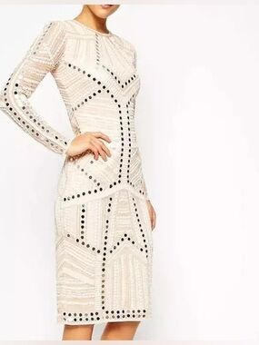 ASOS Blush Mesh-Sleeve Embellished mirror/bead Midi Dress